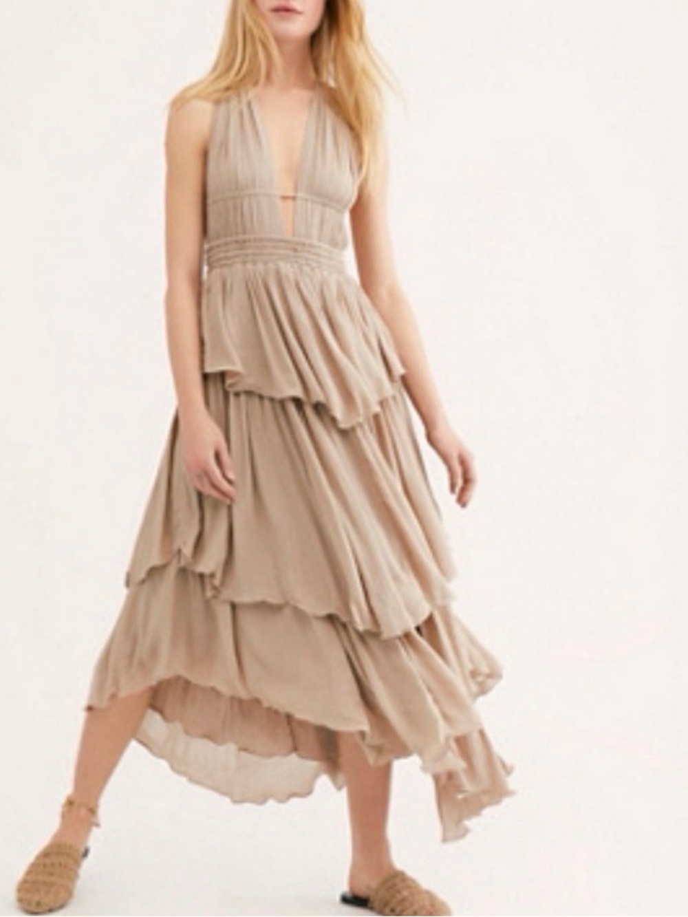 Free People Drop Dead Beauty Backless Tiered Halter Midi Dress size XS